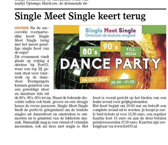 Single Meet Single op vrijdag 4 oktober terug bij Fort33 in Leusden Single Meet Single op vrijdag 4 oktober terug bij Fort33 in Leusden